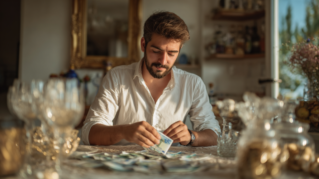 Persona organizando dinero con calma y sin estrés.