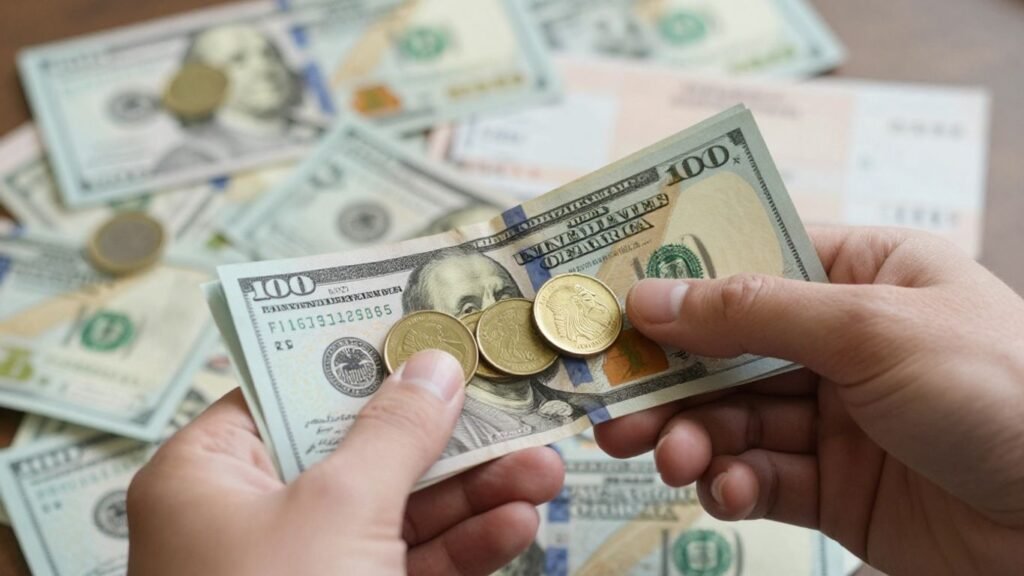 Manos con dinero y monedas, presupuesto personal.