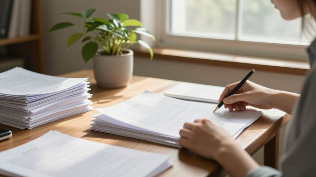 Persona revisando documentos en mesa de madera con luz solar.